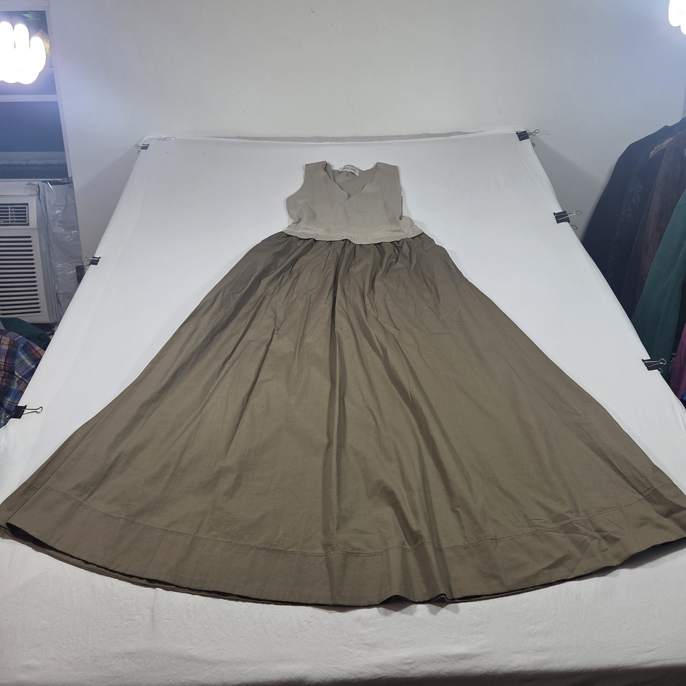 Taylor Cream Knit Bodice Olive Green Full Maxi Skirt Dress Vneck Pockets Pleated - Picture 12 of 12